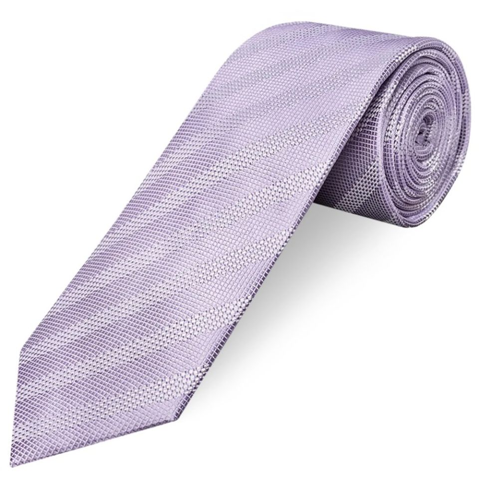 Lilac Textured Stripe Mens Silk Classic Tie Pocket Square and Cufflinks Box Set