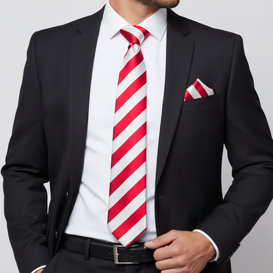 Red and White Striped Hand Made Classic Men's Football Tie and Pocket Square Set