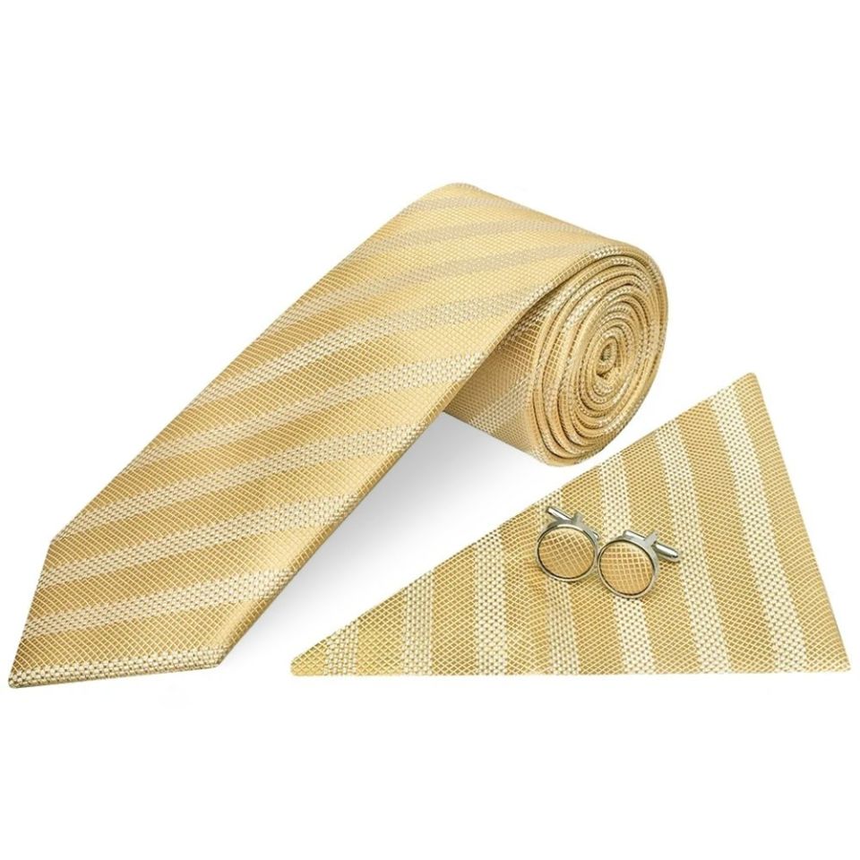 Gold Textured Stripe Mens Silk Classic Tie Pocket Square and Cufflinks Box Set