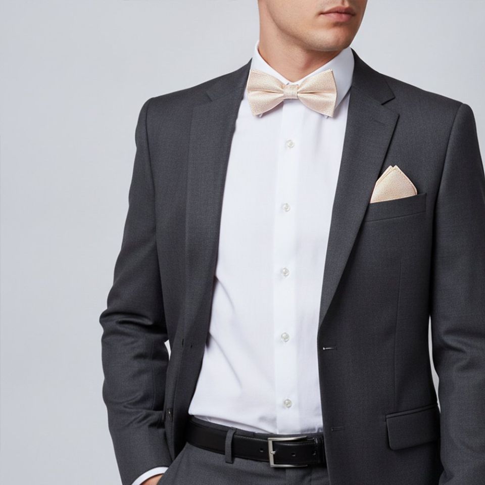 Blush Self Floral Textured Silk Mens Bow Tie and Pocket Square Set