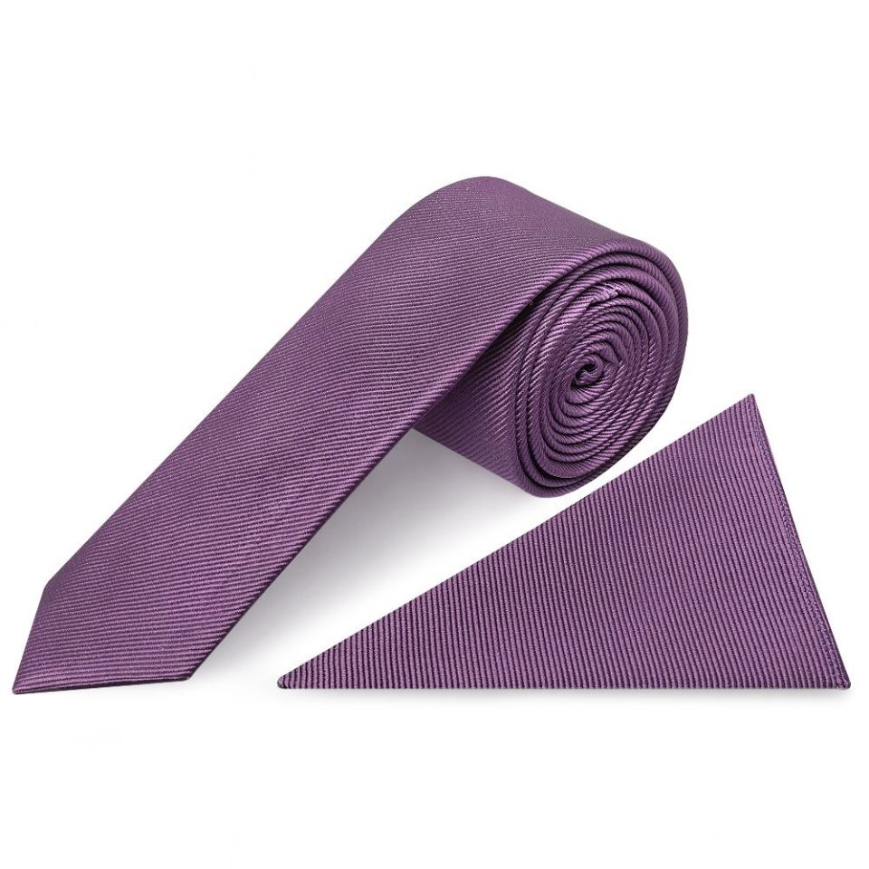 Mauve Silk Twill Skinny Men's Tie and Pocket Square Set