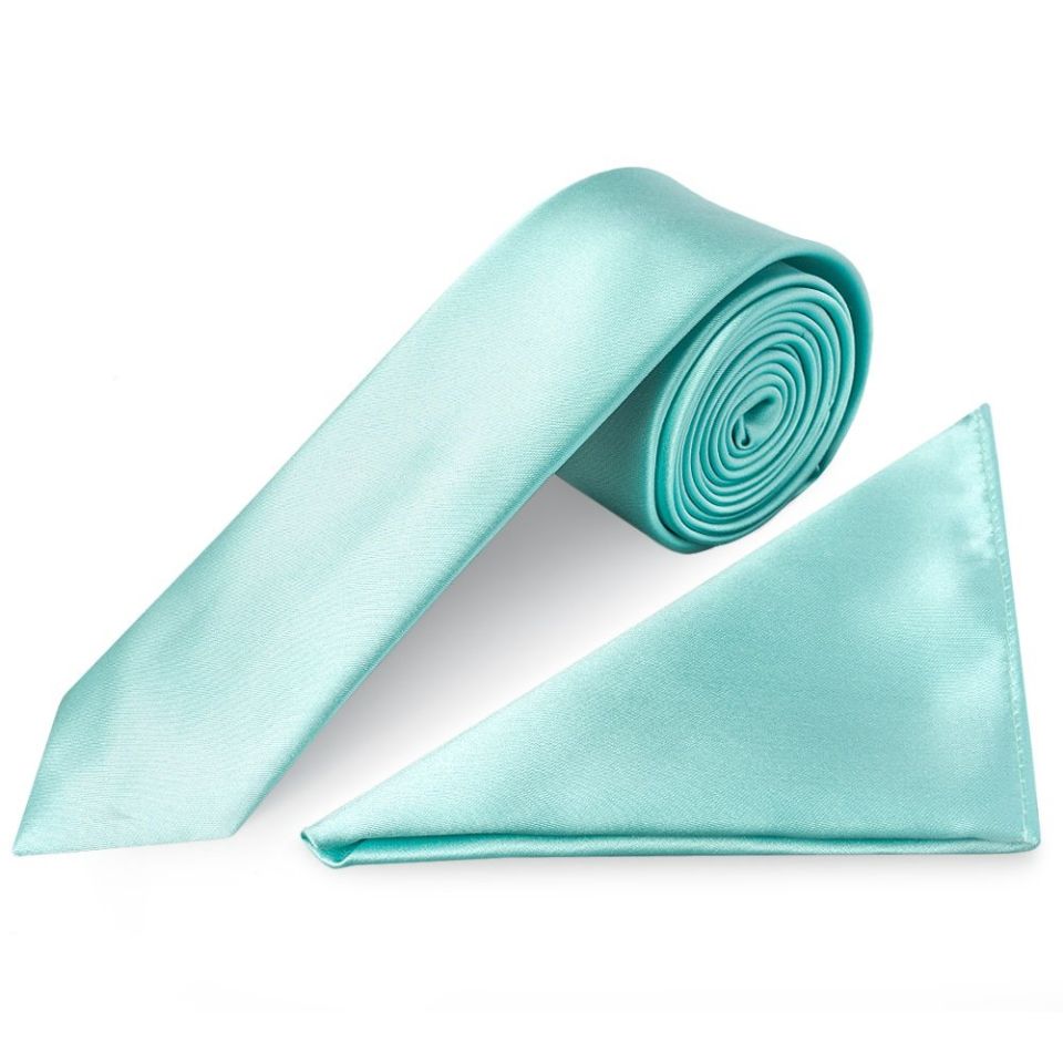 Aqua Satin Skinny Men's Tie and Pocket Square Set