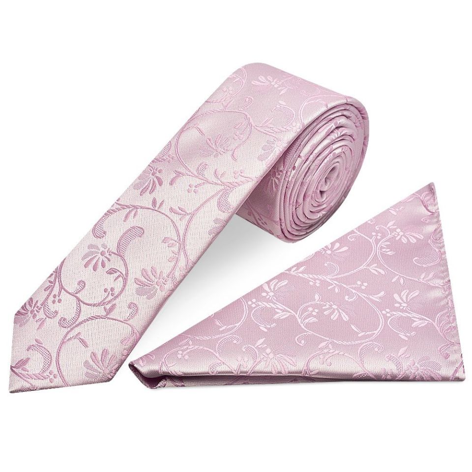 Light Dusty Pink Floral Skinny Men's Tie and Pocket Square Set