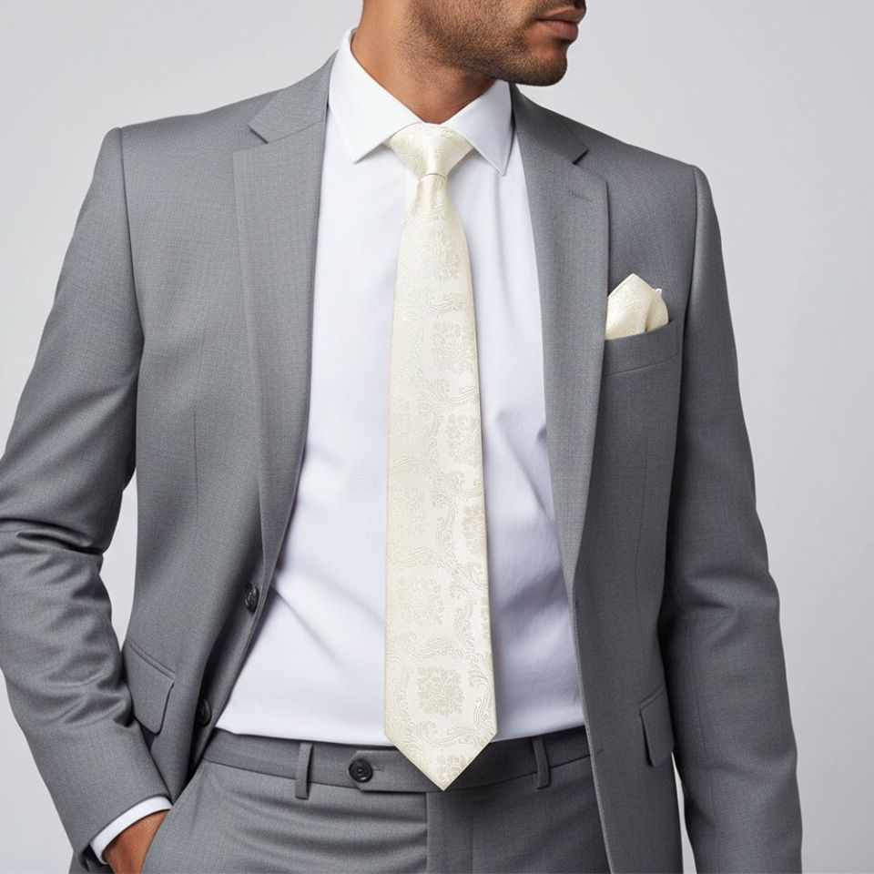 Ivory Paisley Classic Men's Tie and Pocket Square Set