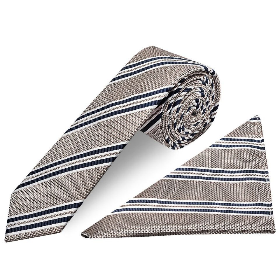 Silver Twin Stripe Skinny Men's Tie and Pocket Square Set
