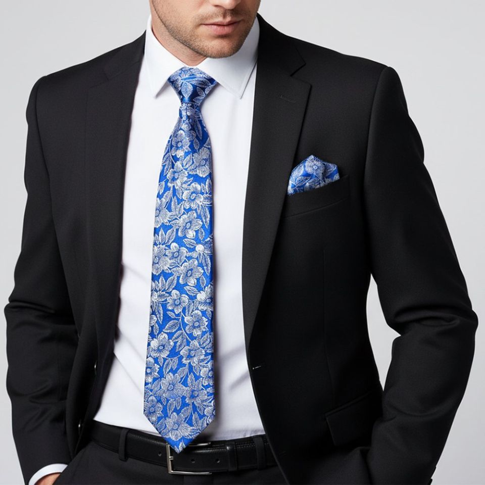 Mens Royal Blue Floral Silk Classic Tie and Pocket Square