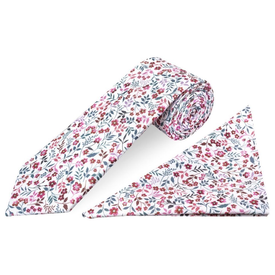 Red Small Floral Mens Classic Tie and Pocket Square Set
