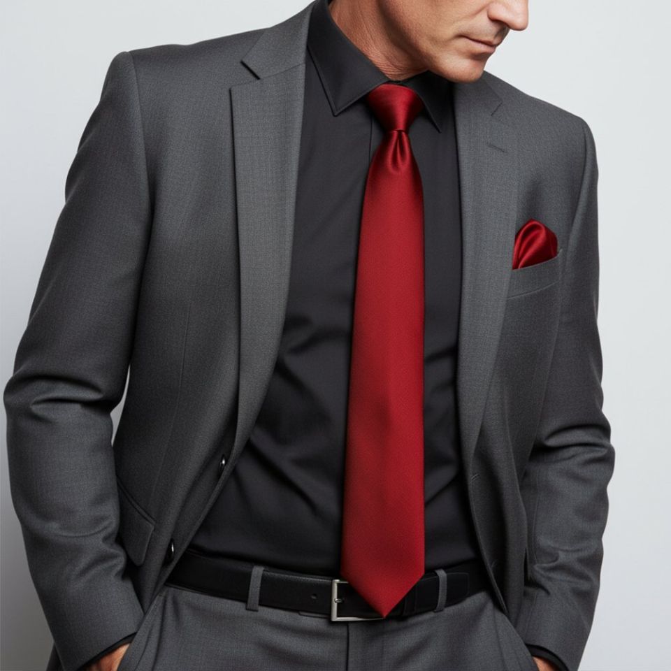 Plain Red Wine Satin Classic Men's Tie Pocket Square Set