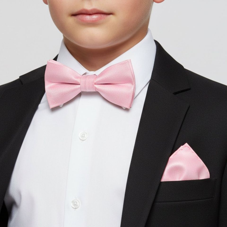 Boys Pre Tied Blush Pink Silk Bow Tie and Pocket Square Set Age 8-11