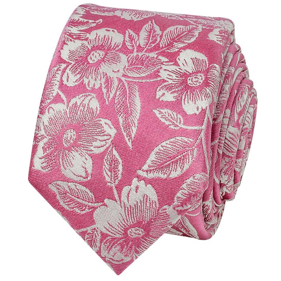 Mens Dusty Pink Floral Silk Skinny Tie and Pocket Square