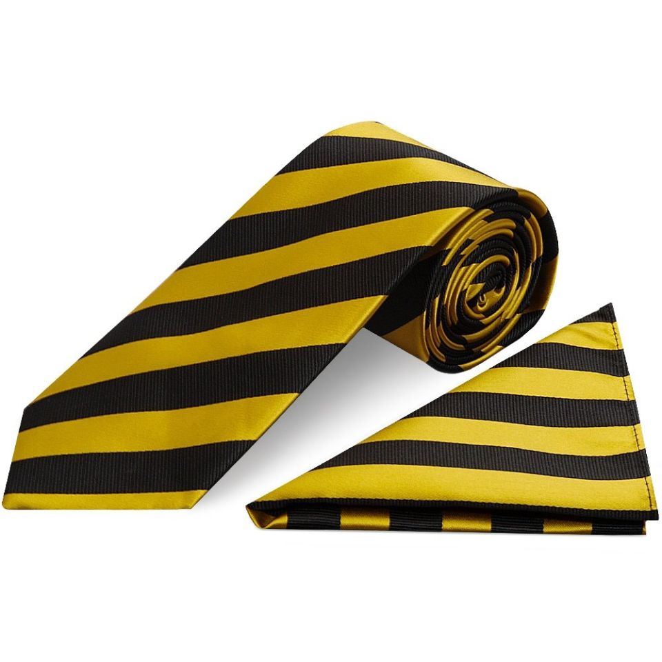 Black and Gold Striped Classic Men's Tie and Pocket Square Set