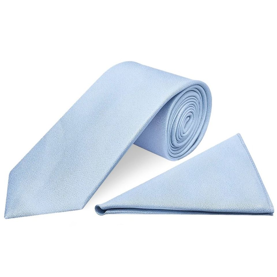 Plain Light Blue Silk Classic Men's Tie and Pocket Square Set