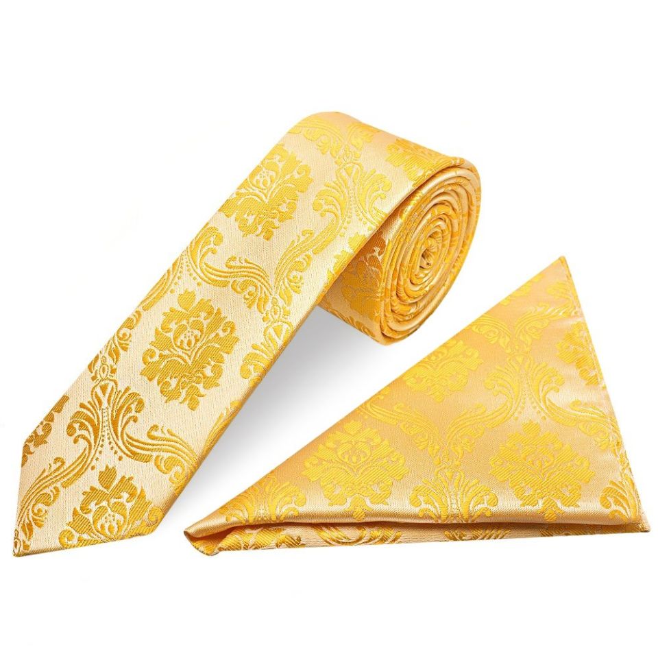 Bright Yellow Paisley Skinny Boys Tie and Pocket Square Set
