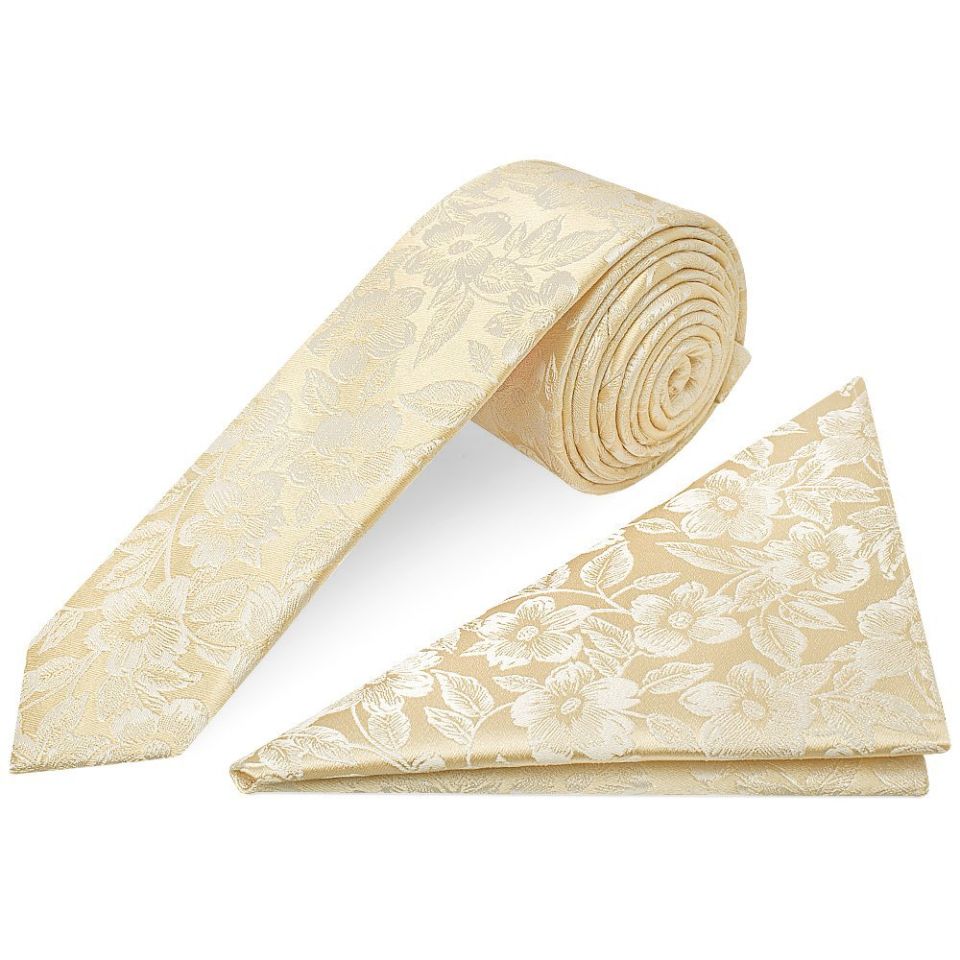 Mens Champagne Floral Silk Skinny Tie and Pocket Square