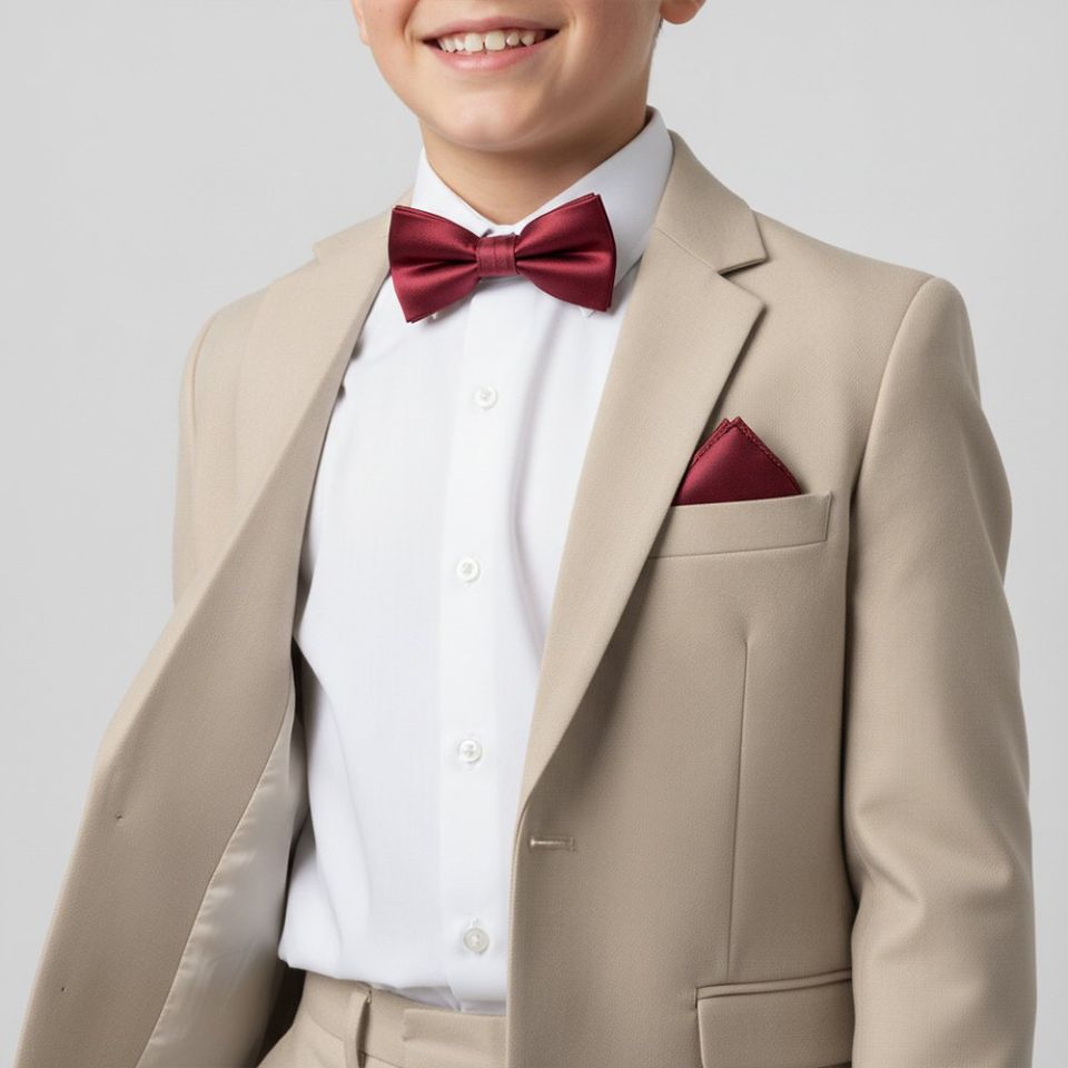 Pre Tied Burgundy Satin Boys Bow Tie and Pocket Square Set