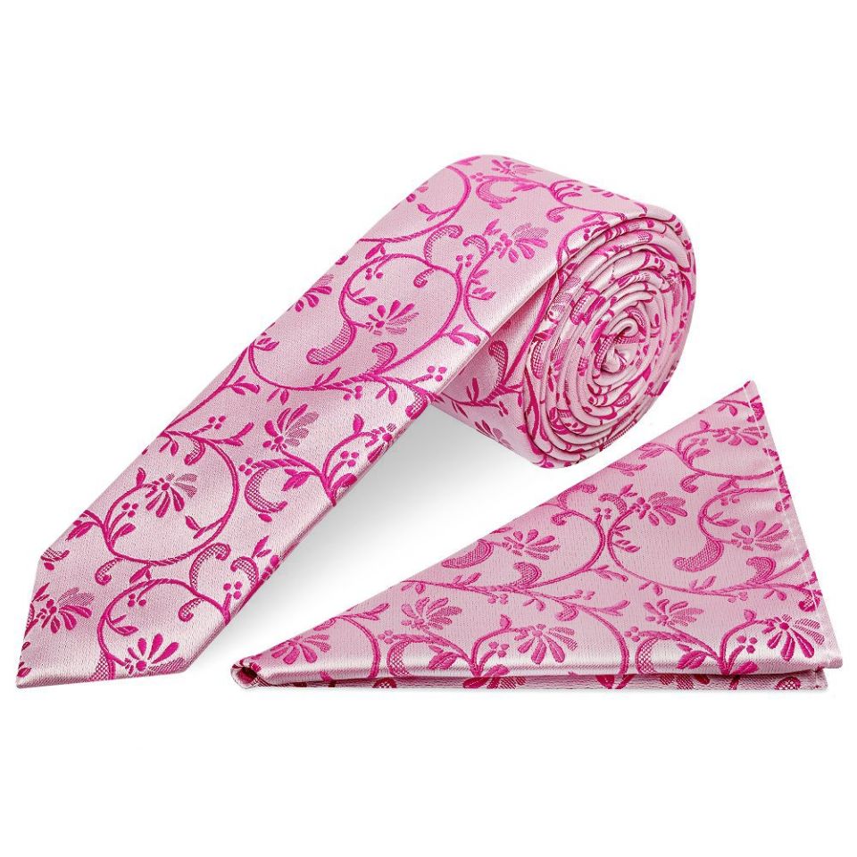 Fuchsia Floral Skinny Men's Tie and Pocket Square Set
