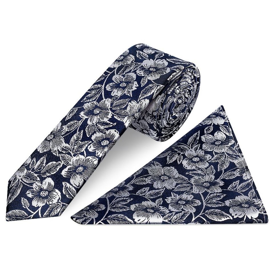 Mens Navy Floral Silk Skinny Tie and Pocket Square