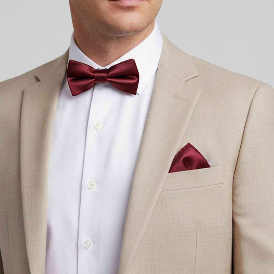 Plain Burgundy Handmade Mens Bow Tie and Pocket Square Set