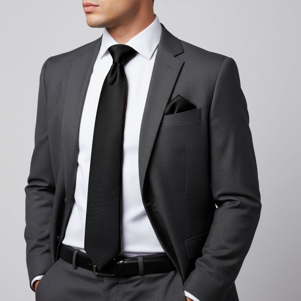 Black Silk Twill Silk Classic Mens Tie and Pocket Square Set