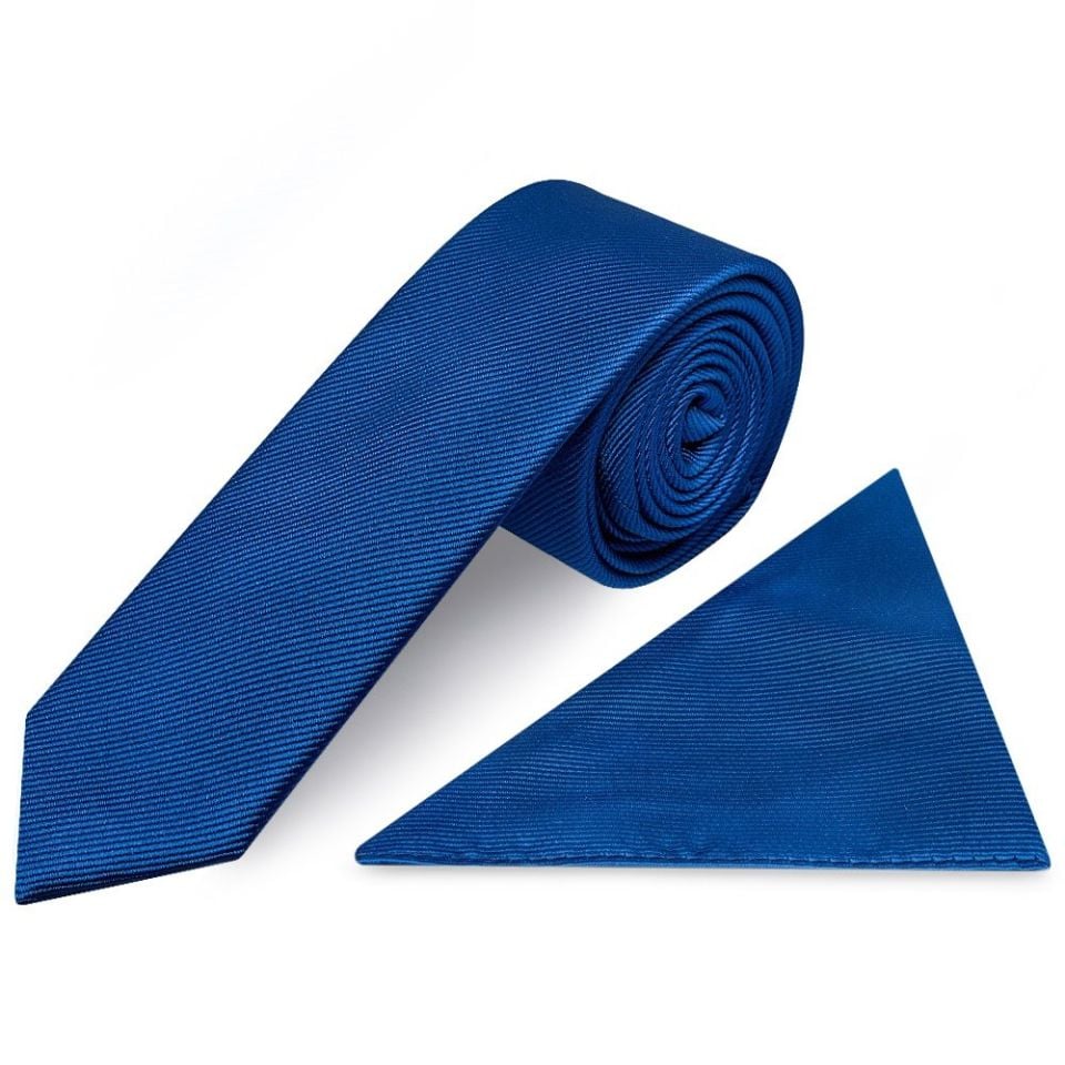 Royal Blue Silk Twill Skinny Mens Tie and Pocket Square Set
