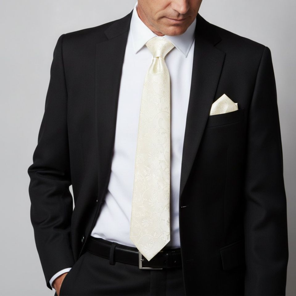 Ivory Floral Classic Men's Tie and Pocket Square Set