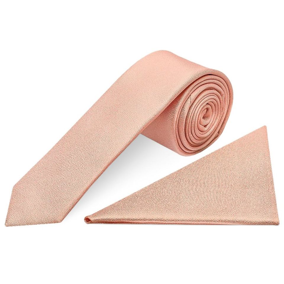 Plain Rose Quartz Silk Skinny Boys Tie and Pocket Square Set