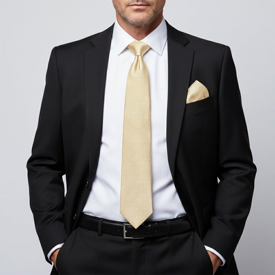 Champagne with White Spot Silk Classic Tie and Pocket Square