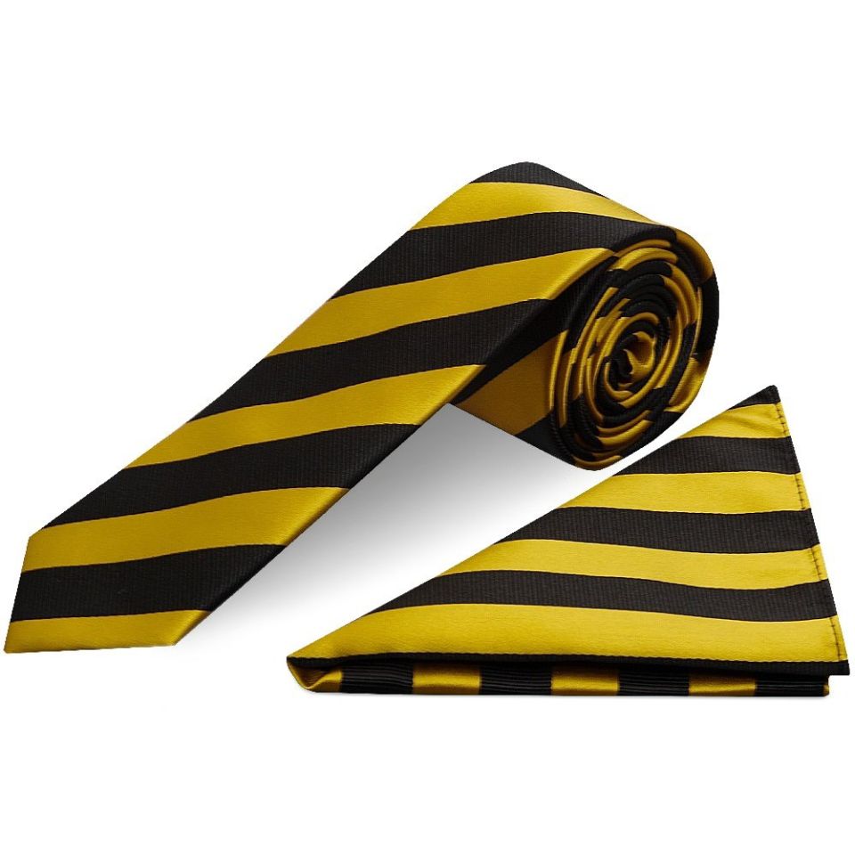 Black and Gold Striped Skinny Men's Tie and Pocket Square Set