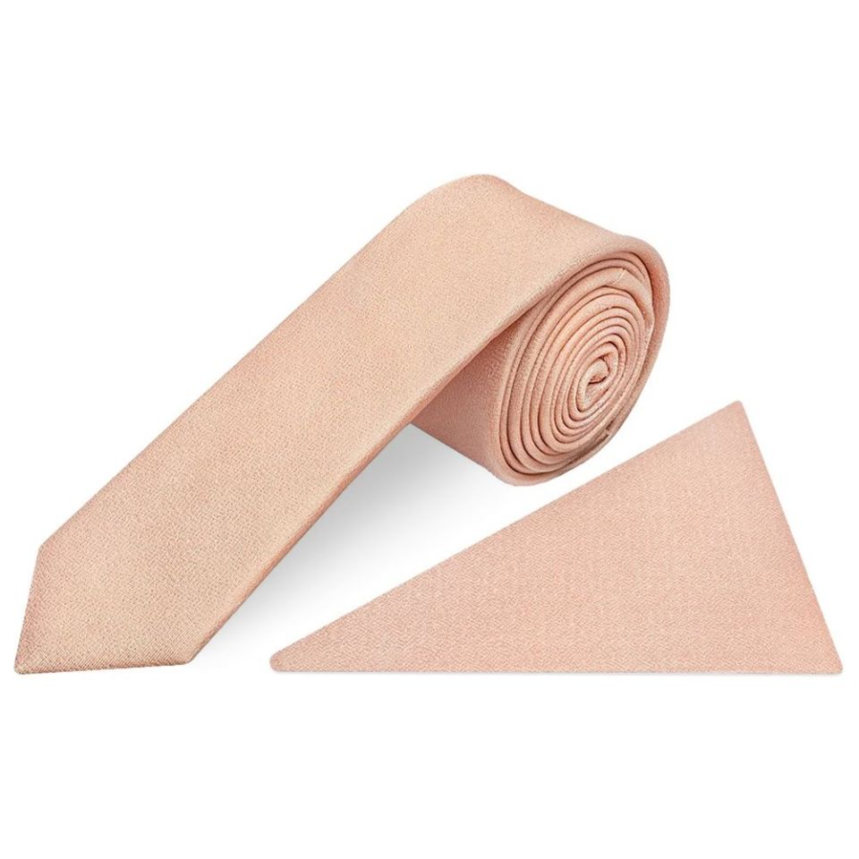 Plain Pale Peach Silk Skinny Boys Tie and Pocket Square Set