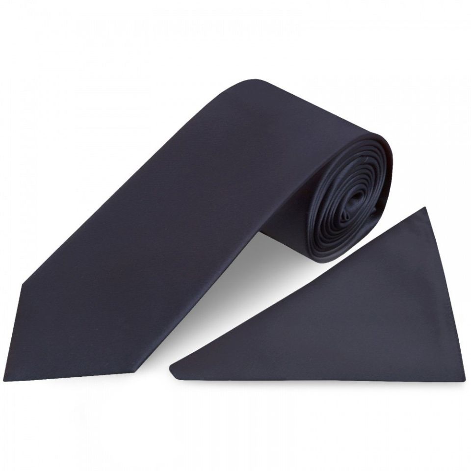 Plain Navy Blue Satin Classic Men's Tie and Pocket Square Set