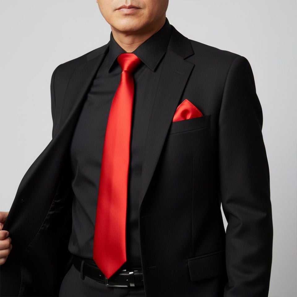 Plain Bright Red Satin Classic Men's Tie and Pocket Square Set