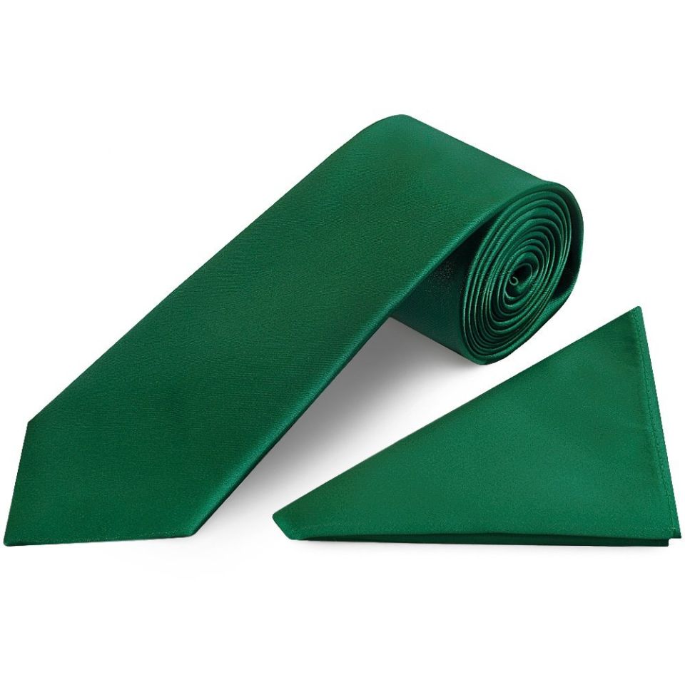 Plain Forest Green Satin Classic Men's Tie and Pocket Square Set