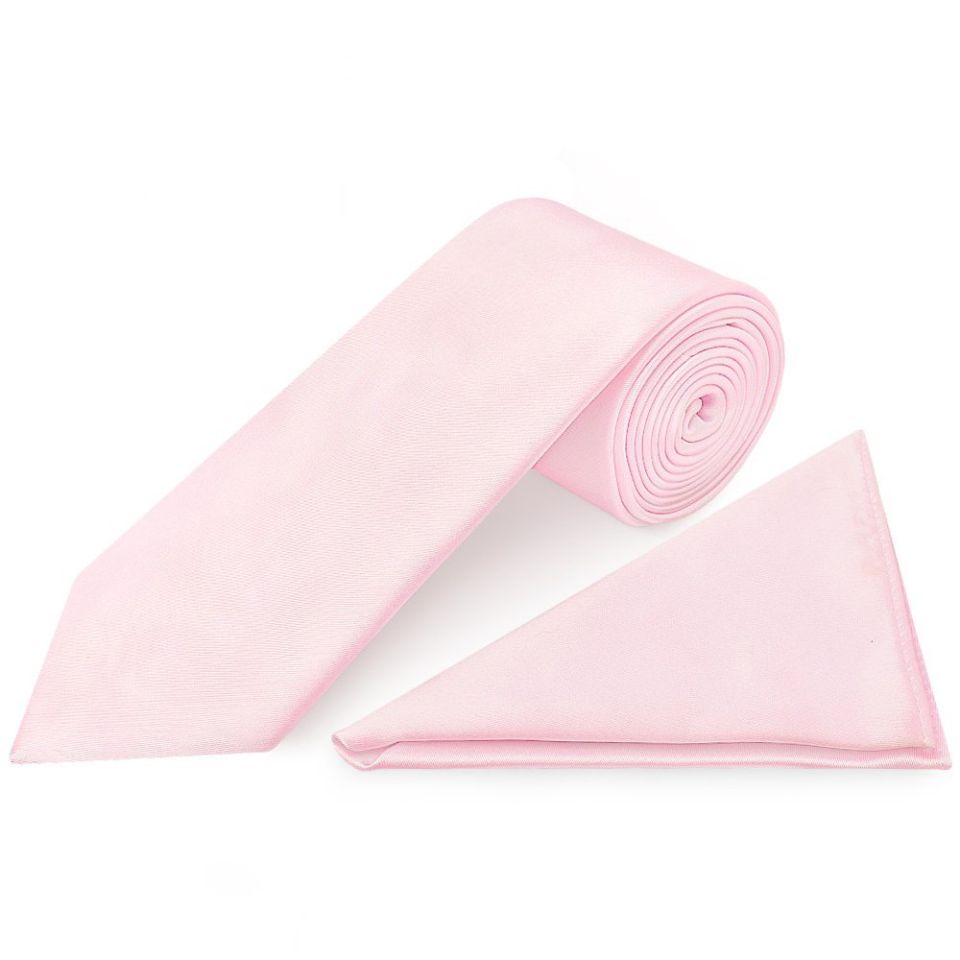 Plain Blush Pink Satin Classic Men's Tie and Pocket Square Set