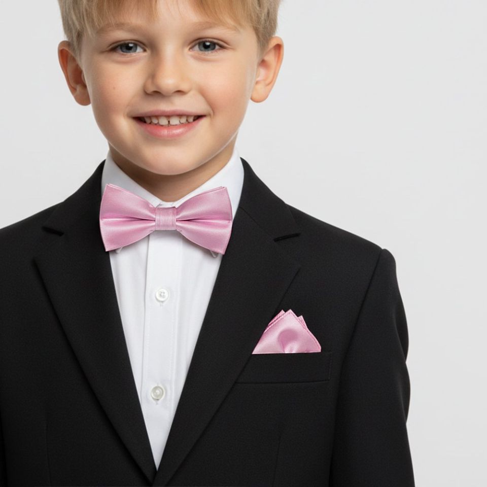 Pre Tied Light Dusty Pink Satin Boys Bow Tie and Pocket Square Age 4-7
