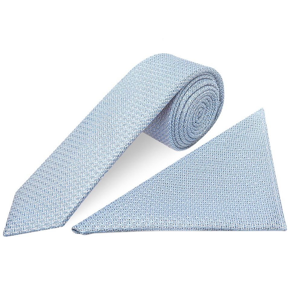 Plain Blue Grenadine Silk Skinny Men's Tie and Pocket Square Set