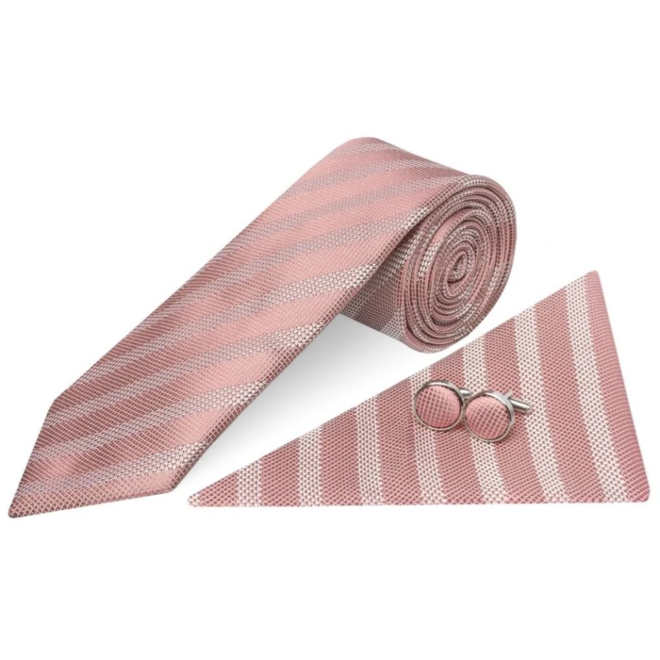 Rose Gold Textured Stripe Mens Silk Classic Tie Pocket Square and Cufflinks Box Set