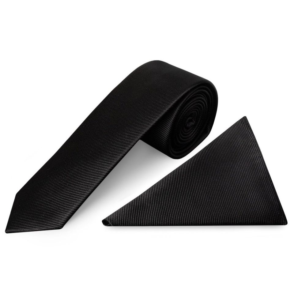 Black Silk Twill Skinny Mens Tie and Pocket Square Set