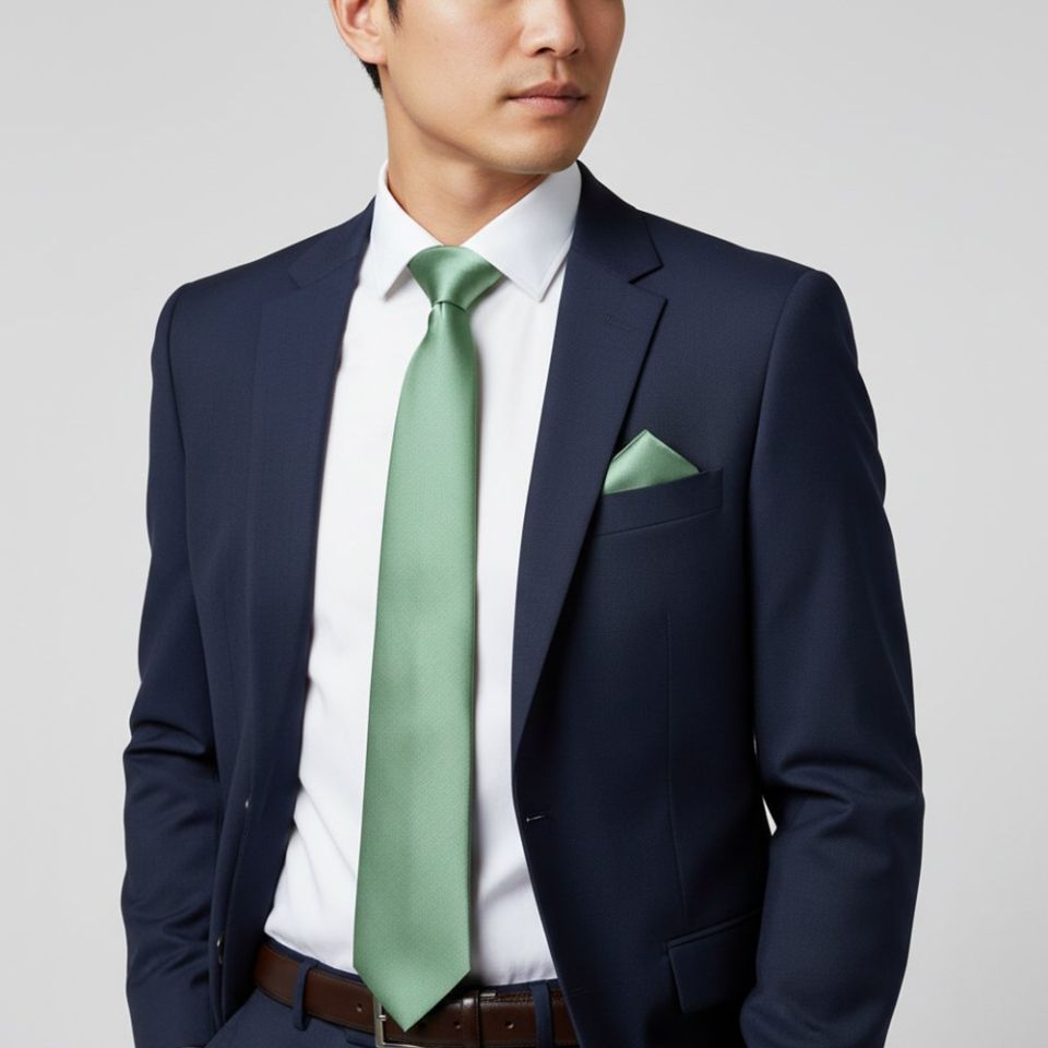 Plain Seagrass Satin Classic Mens Tie and Pocket Square Set