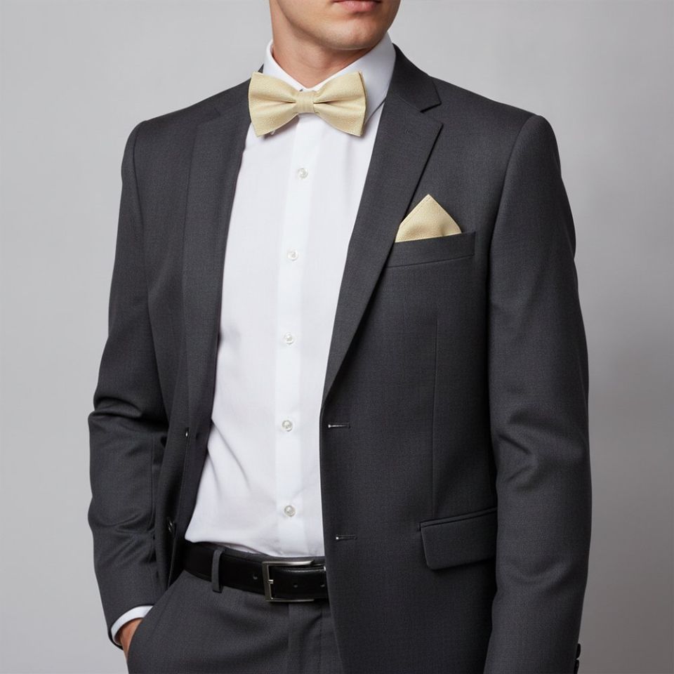 Plain Champagne Textured Silk Mens Bow Tie and Pocket Square Set