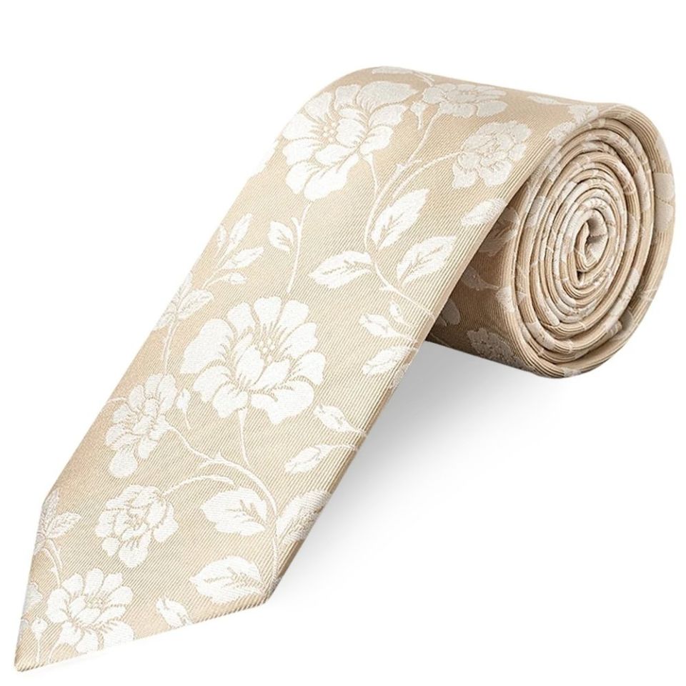 Champagne with White Floral Silk Classic Tie and Pocket Square
