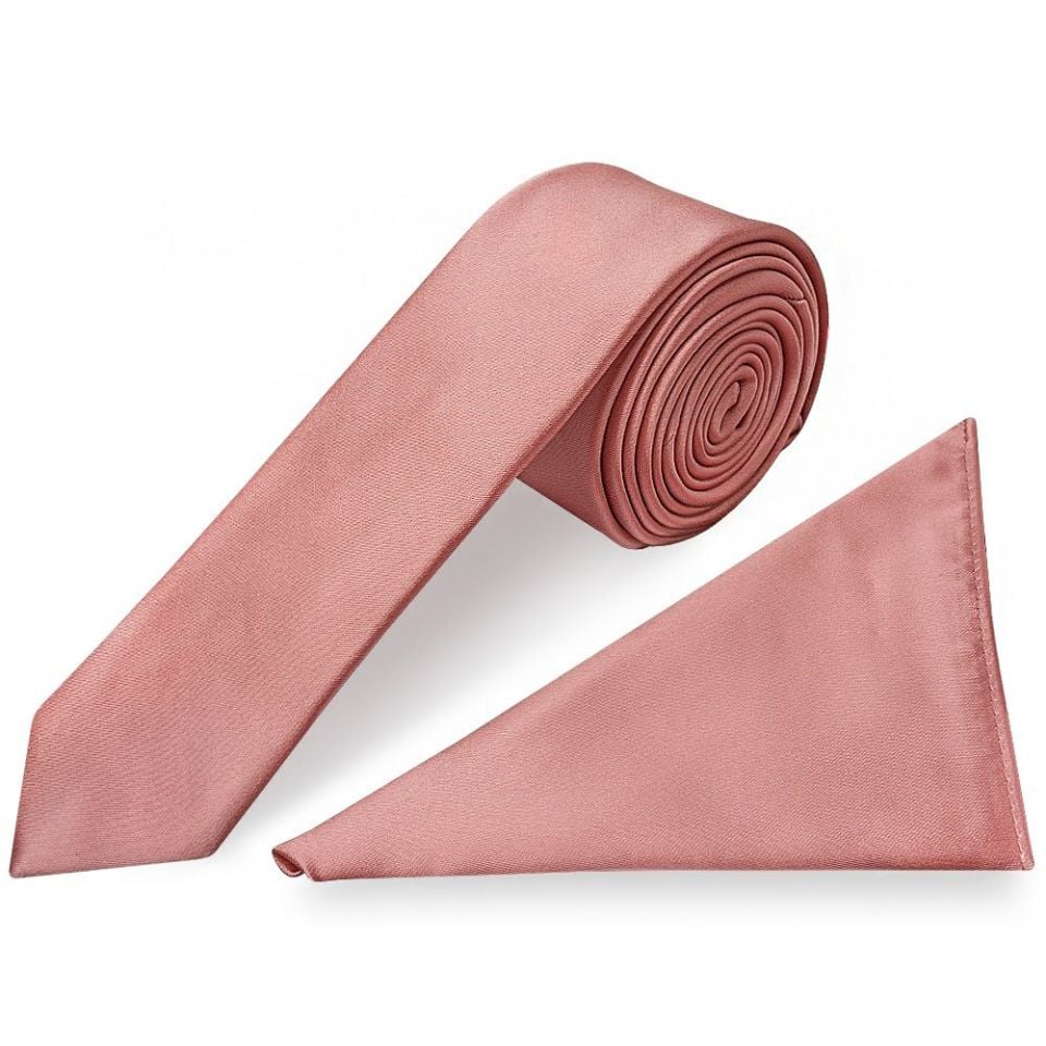 Rose Gold Satin Skinny Men's Tie and Pocket Square Set