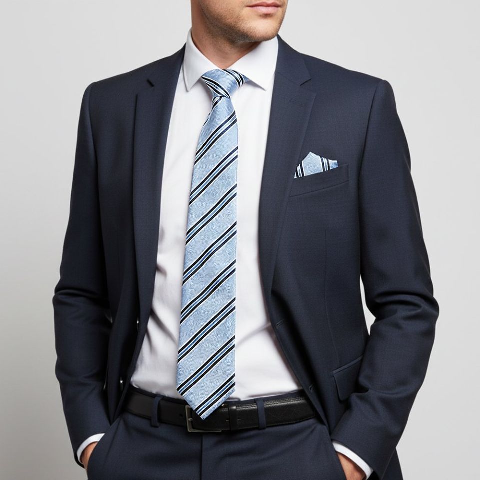 Blue Twin Stripe Classic Men's Tie and Pocket Square Set