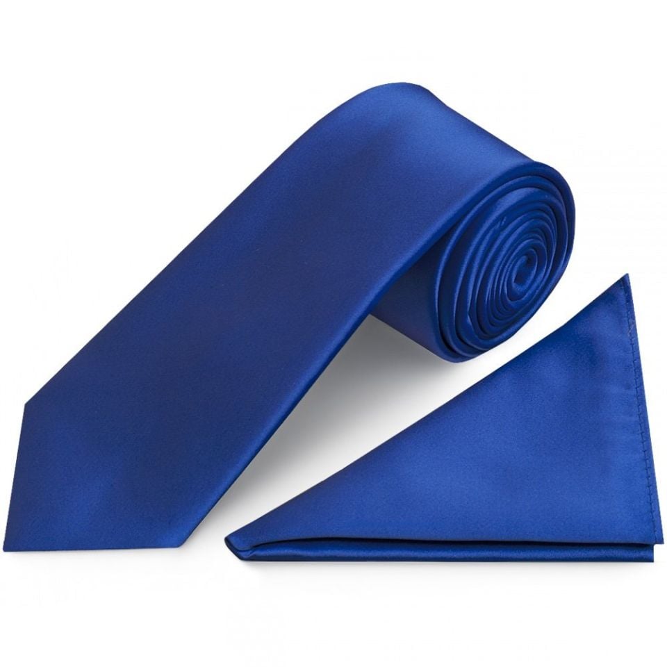 Plain Royal Blue Satin Classic Men's Tie and Pocket Square Set