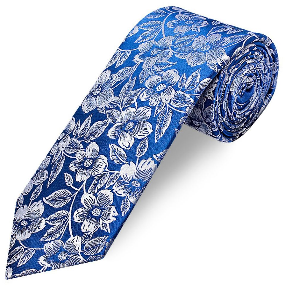 Mens Royal Blue Floral Silk Classic Tie and Pocket Square