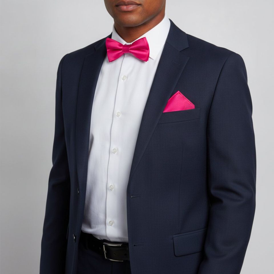 Handmade Cerise Pink Mens Bow Tie and Pocket Square Set