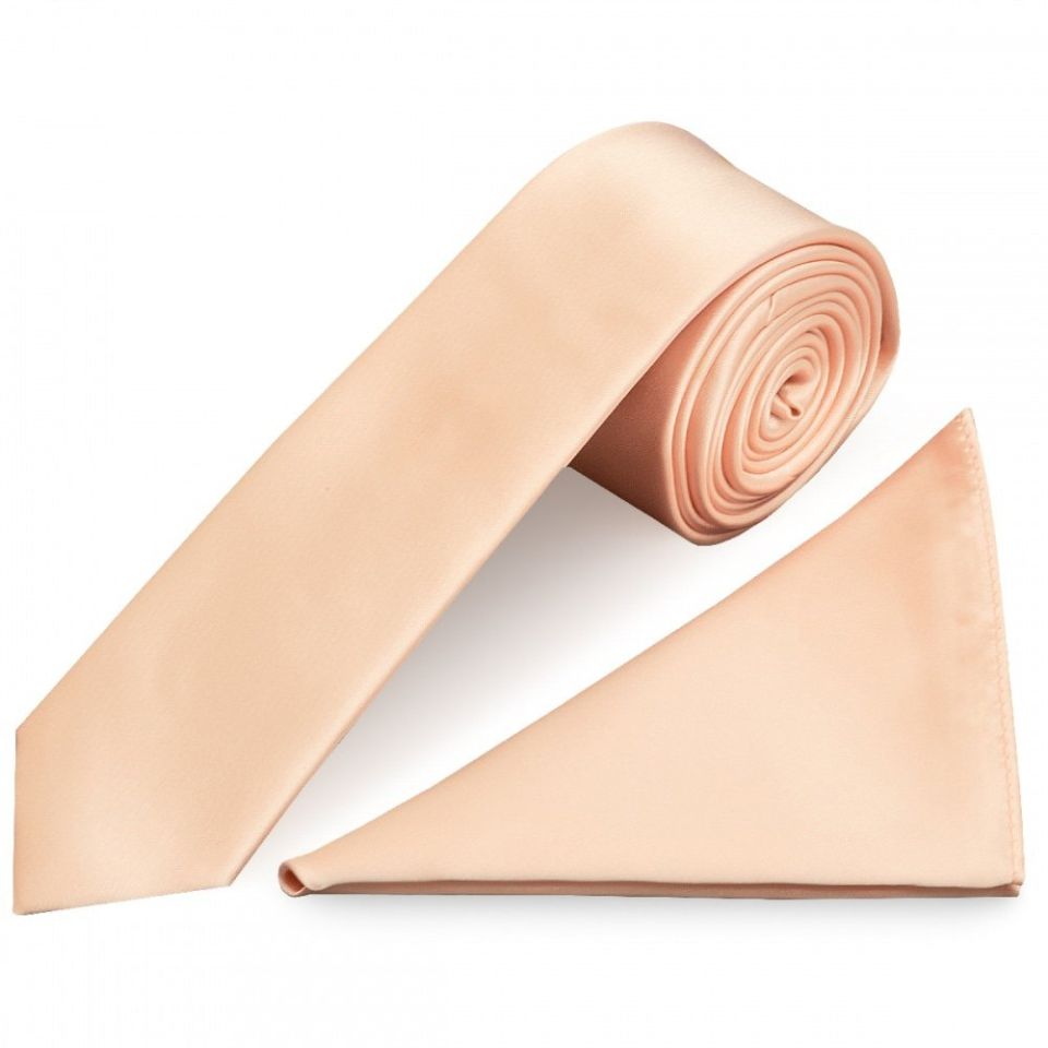 Plain Light Peach Satin Boys Tie and Pocket Square Set