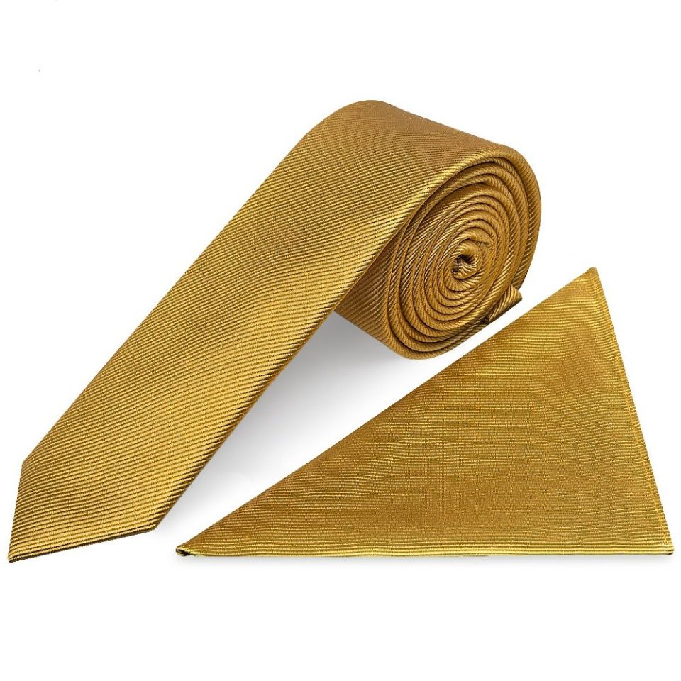 Mustard Yellow Silk Twill Skinny Mens Tie and Pocket Square Set