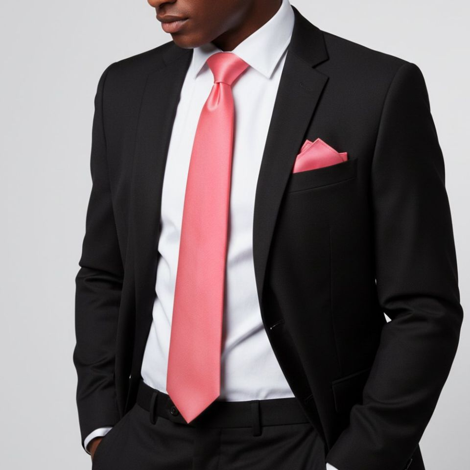 Plain Light Coral Pink Satin Classic Men's Tie and Pocket Square Set