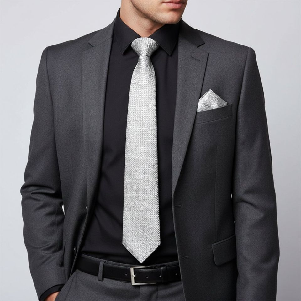 Silver Textured Classic Tie and Pocket Square Set