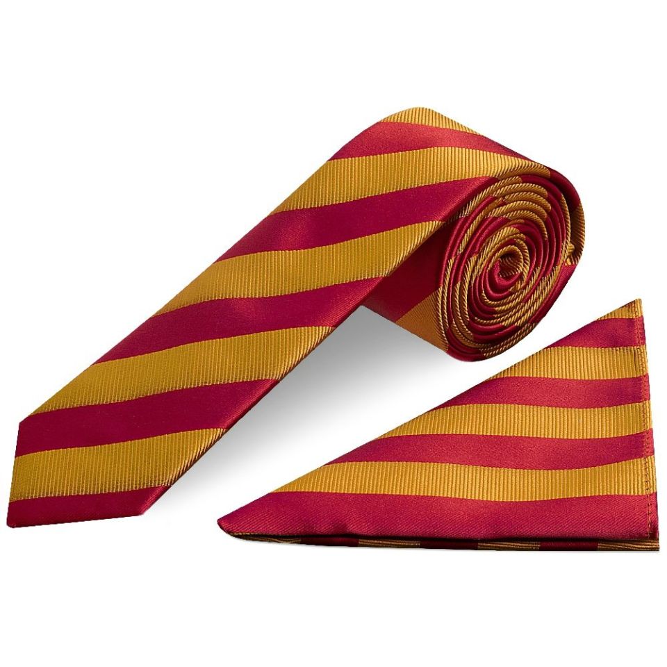 Red and Gold Striped Skinny Men's Tie and Pocket Square Set
